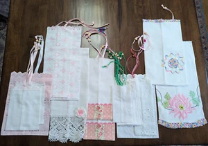 LOT/18 diff FLAT BAGS hm w/up-cycled VTG Linens/Fabrics PINKS-WHITES x DIY Gifts - Picture 1 of 14
