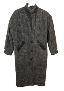 Vtg 80s DONNYBROOK Black White Tweed Long Coat w/Leather Accents Women Sz 12 - Picture 1 of 23