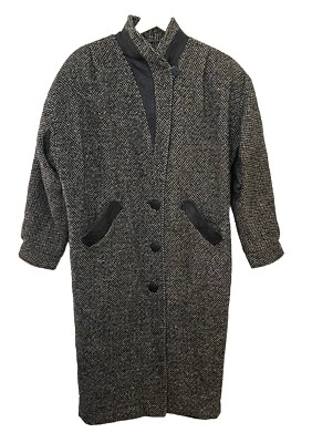 Vtg 80s DONNYBROOK Black White Tweed Long Coat w/Leather Accents Women Sz 12 - Image 1 of 4