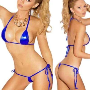 Blue Extreme Metallic Micro Triangle Top & Side Tie G-String Thong Bikini Set - Picture 1 of 17