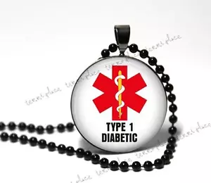 Type 1 Diabetic Medical Alert Necklace Glass Pendant Black Setting & Chain - Picture 1 of 1