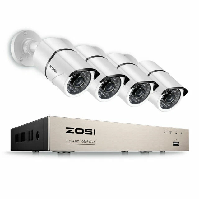 ZOSI 1080p 8ch DVR With 4 2mp Night Vision Bullet Outdoor Security System Camera - White