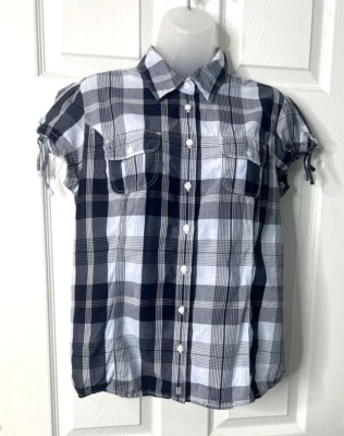 Tommy Hilfiger Blue & White Plaid Blouse, Button Down, Cap Sleeves, Medium - Image 1 of 4