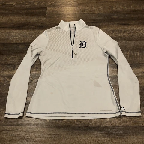 Detroit Tigers Shirt White Medium Quarter ZIp Baseball Majestic Women *Stains Cover