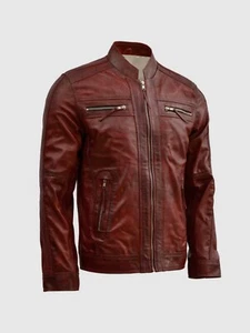 Men's Waxed Leather Burgundy Jacket Genuine Sheepskin Motorcycle Style Jacket - Picture 1 of 5