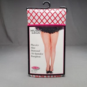 Music Legs Red Plus Size Mini Diamond Net Spandex Pantyhose 9030Q NWT NOS NIP - Picture 1 of 10