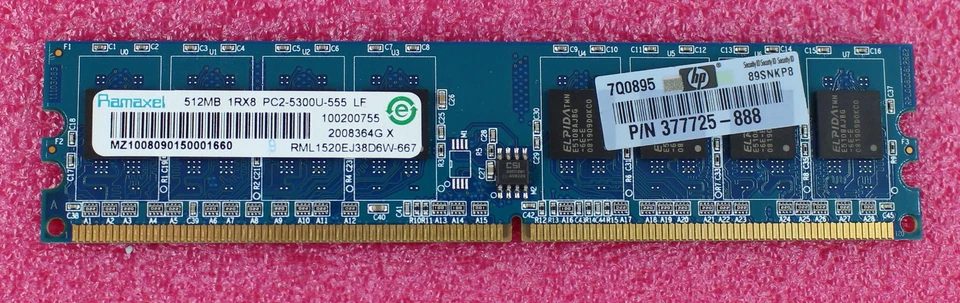 377725-888 - HP 512MB 1Rx8 PC2-5300U 667 ddr2 SDRAM - Image 1 of 1