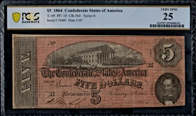 PCGS 25! 1864 CONFEDERATE STATES T-69 $5 NOTE - Image 1 of 2