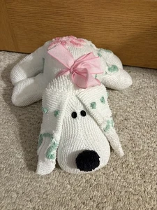 Handmade Vintage Chenille Bedspread White Green Swirls Pink Floral Large Dog - Picture 1 of 3