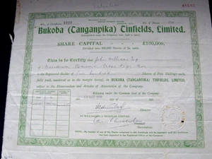 East Africa - Share Scrip. 1928 Bukoba (Tanganyika) Tinfields Limited.. VF - Picture 1 of 1