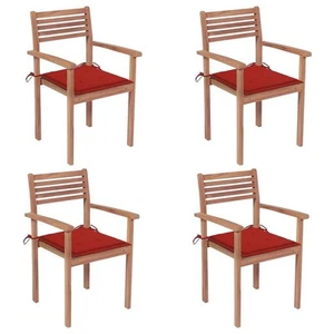 Patio Chair Set of 4 Natural wood with red cushions Teak hardwood - Picture 1 of 12