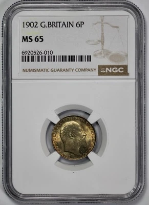 1902 Great Britain Silver 6 Pence NGC MS 65 Jewel Toned - Image 1 of 4