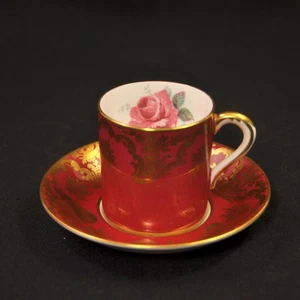 Paragon Cup & Saucer Demitasse Coffee Can Maroon Gold Scrollwork Rose 1938-1952 - Picture 1 of 12