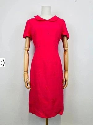 Vintage 60s Hot Pink Linen Embroidered Short Sleeve Occasion Dress 12 - Image 1 of 4