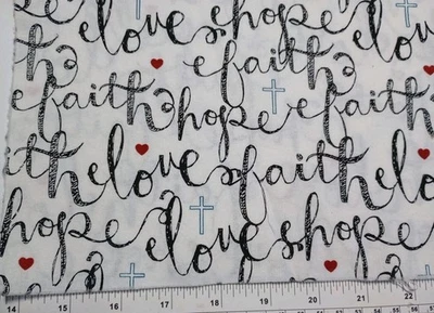100%纯棉白色带黑色和红色“Faith Hope Love”18 x 21英寸脂肪四分之一 — 第 1/2 张图片