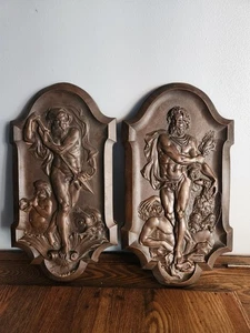 Pair Rare Bronze Copper Relief Plaques Signed "JUPITER"/NEPTUNE 14x7 - Picture 1 of 4