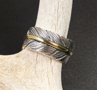 Anillo de plata esterlina pluma latón vena dos tonos ajustable detalles finos únicos Foto 1 de 4