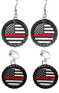 Firefighters Remembrance Bottle Cap Pierced or Clip on Dangle Earrings (CAP016) - Foto 1 di 3