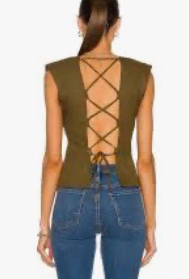 Blusa MARCO Encaje Espalda Para Mujer Pequeña Sobrepelliz Verde Ejército Mezcla de Lino Moderna NUEVA Foto 1 de 4