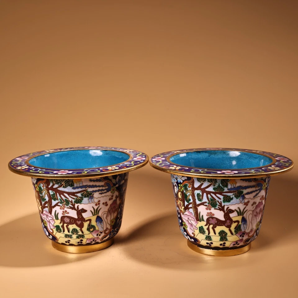 Par de macetas bonsái de ciervo animal bronce esmalte cloisonne de 6,5" de colección Foto 1 de 4