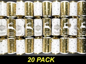 20 x Premium Christmas Crackers Bon Bons 30cm Gold & White with Snap, Toy & Hat - Picture 1 of 4