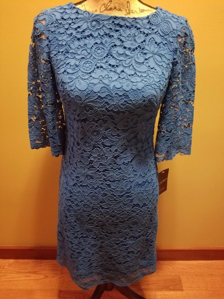 Ralph Lauren Portuguese Blue Floral Classic Lace Shift Dress Stretch 0p