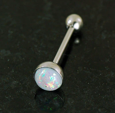 1 Pc 14g 5/8" White Opal Glitter 316L Surgical Steel Tongue Ring Barbeell - Image 1 of 3