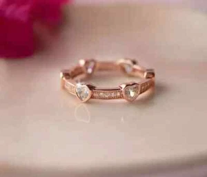 1.50Ct Heart Cut Real Moissanite Eternity Band Ring 14K Rose Gold-Plated Silver - Picture 1 of 8