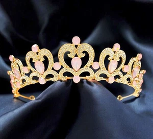 Pink Rhinestone Tiara. Girls Gold tiara, Heart shape tiara, Princess party tiara - Picture 1 of 8
