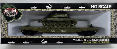 HO Scale US ARMY 50' Flat Car with PATTON W/M-47 TANK Model Power NIB 99160 New - Image 1 of 4