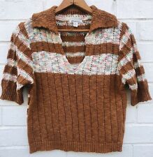 NEW Versona Vtg Inspired Brown Striped Knit Collared Blouse Top XSmall