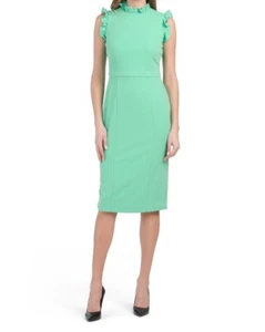 Maggy London womens Midi Knit Sheath Dress size 10 Green Ruffle Neck Sleeveless - Picture 1 of 8