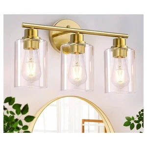 Modern Bathroom Vanity Light Fixture 3-Light Brushed Gold Clear Glass Globes - Picture 1 of 6