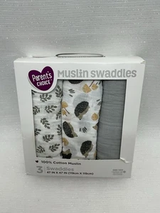 Parent's Choice 3 Pack Hedgehog Theme Muslin Swaddle blankets Unisex 47x47 - Picture 1 of 14