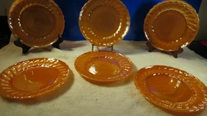 Anchor Hocking Fire King Peach Luster Swirl Scalloped 6 Salad Dessert Plates - Picture 1 of 6