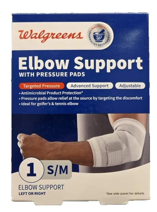 Soporte para codo con almohadillas de presión S/M antimicrobiano sin látex L o R Walgreens Foto 1 de 1