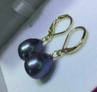 Gorgeous 14-11mm AAA tahitian Peacock blue pearl leverback earrings 14k gold f - Image 1 of 4