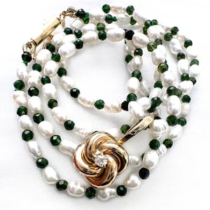 Collar de turmalina verde perla y perla verde de oro 14K con acento de diamante en 18" FW - Imagen 1 de 15