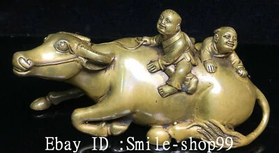 Estátua de animal de besta touro gado menino dourado cobre porcelana antiga 6,6" - Imagem 1 de 4