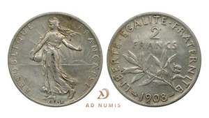 France 2 Francs Semeuse 1908 Argent pièce de monnaie française Oscar Roty - Imagen 1 de 1