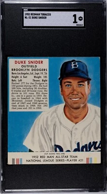 Red Man Tobacco 1952 - NL-21 Duke Snider - SGC 1 con pestaña - Salón de la fama Dodgers ¡Genial! Foto 1 de 2