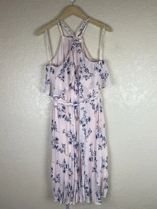 Shoshanna Dress 12 Midi Pleated Pink Floral Fairy Dainty Halter Cocktail Belted - Picture 1 of 7