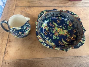 Rare Antique Deco Grimwades Royal Winton Blue PEKIN chinoiserie Jug & Bowl - Picture 1 of 7