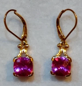 Pierced Earrings - 14K Gold Over 925 Sterling - 8mm Sq  Pink Sapphire - SIGNED - Picture 1 of 10
