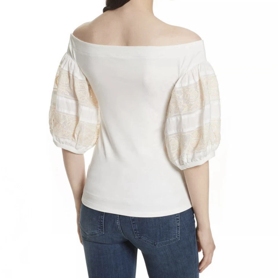 Top Free People M Marfil Hombro Descubierto Manga Abullonada Bordado Boho Coqueta Nuevo con Etiquetas Foto 1 de 4