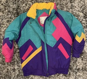 Vintage 80s Izzi Colorful Ski Bomber Puffer Jacket size Medium M - Picture 1 of 4