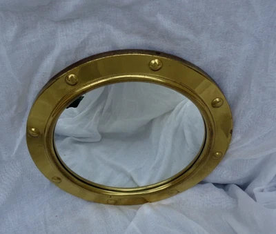 Vintage Brass Porthole Convex Mirror, Round, Nautical with original chain hanger - Image 1 of 4