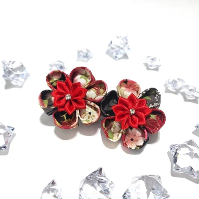 Handmade black & red double flower 3.5" kanzashi hair clip - Image 1 of 2