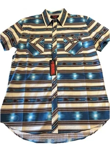Camicia denim Rock & Roll uomo XL Aztec Western Pearl Snap nuova con etichetta verde acqua e marrone - Foto 1 di 8