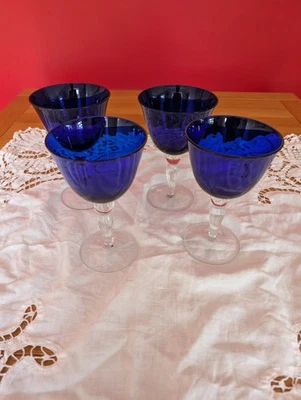 Set of 4 Vintage Hand Blown Cobalt Blue Wine Glasses Artisan Clear Stem Goblets - Image 1 of 4
